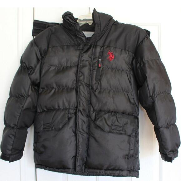 Youth U.S. Polo Assn Black Hooded Puffer Puffy Jacket Coat Size M 10-12 - Picture 1 of 8